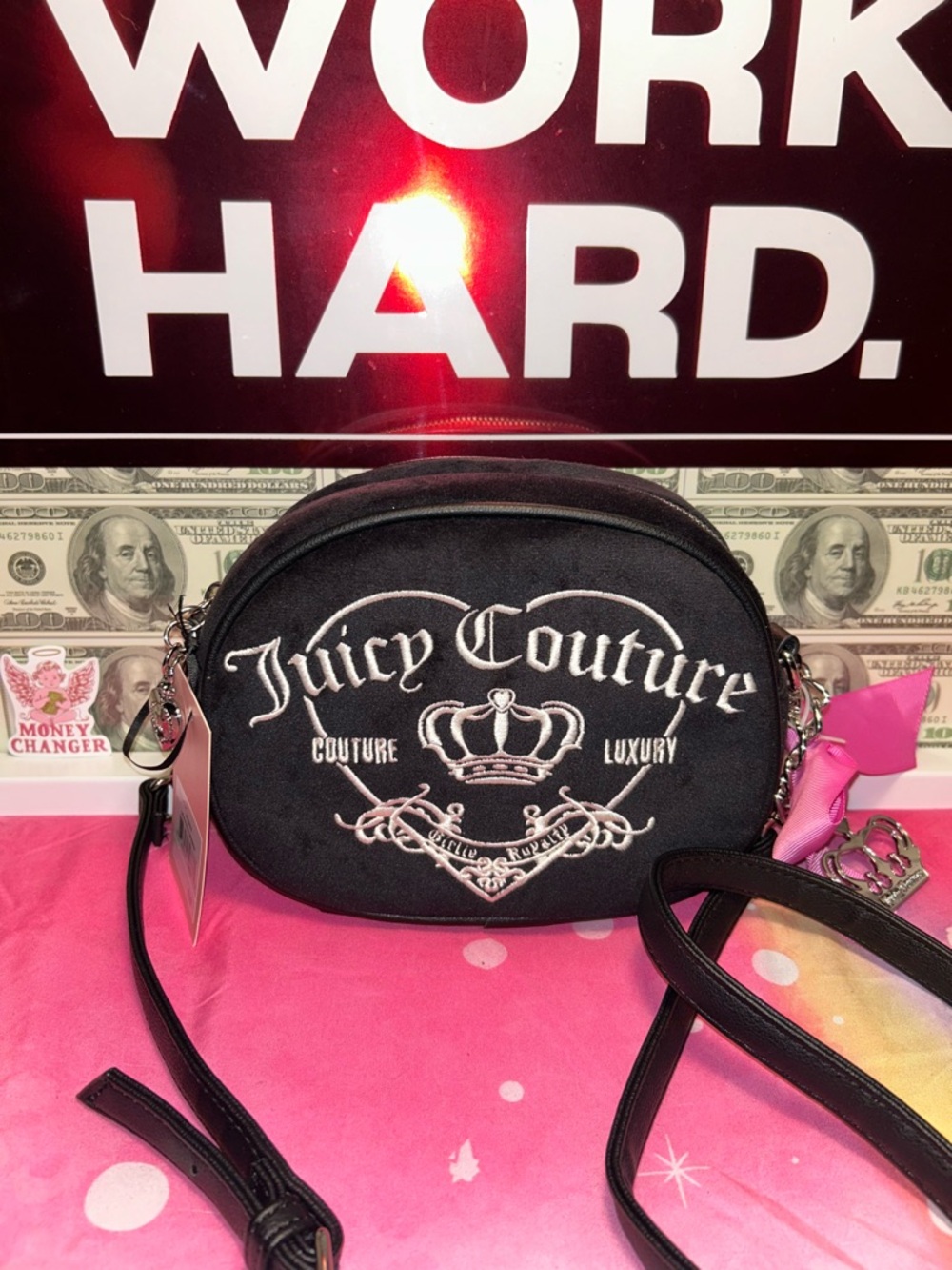 Juicy Couture Black Velvet Crossbody with Pink Bow Charm